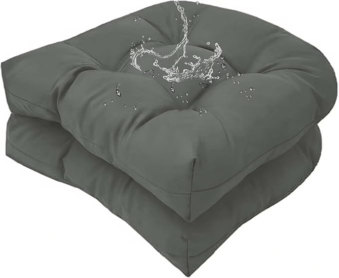 Set of 2 Outdoor Indoor Dark Grey Tufted Seat Cushion with Ties 18"x18" Waterproof Patio Chair Pads Tatami Floor Pillow for Dining Garden Balcony Office Decor