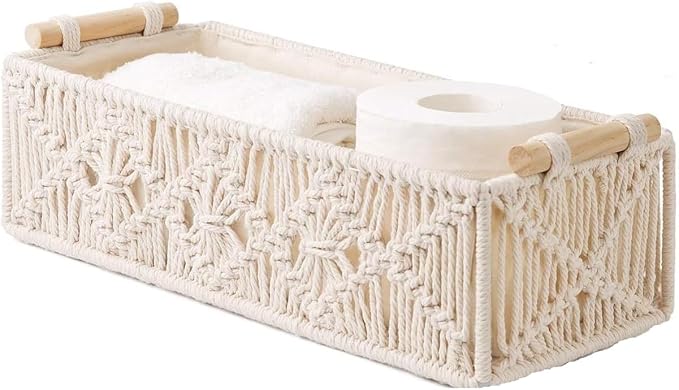 Macrame Storage Baskets Boho Decor Box for Organizing, Handmade Woven Decorative Basket for Countertop Toilet Tank Shelf Cabinet Organizer Bedroom Livingroom Home