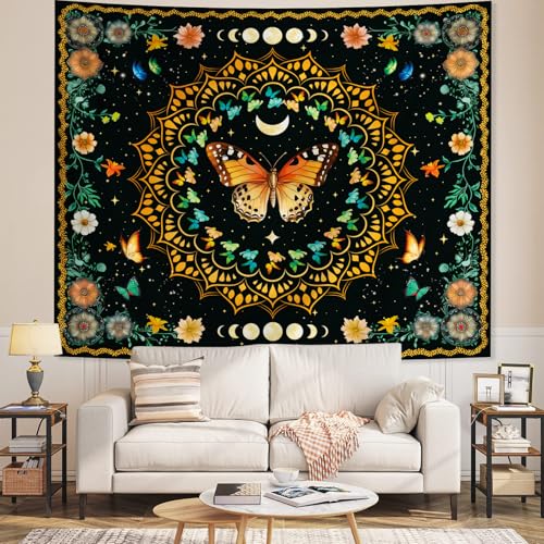 Apdidl Boho Mandala Butterfly Floral Tapestry for Bedroom, Hippie Moon Ceiling Colorful Plant Flower Tapestries Aesthetic, Bohemia Vintage Orange Moth Botanical Wall Hanging for Living Room 51" X 60" - color: Mandala Butterfly Tapestry, size: 60"L x 51"W