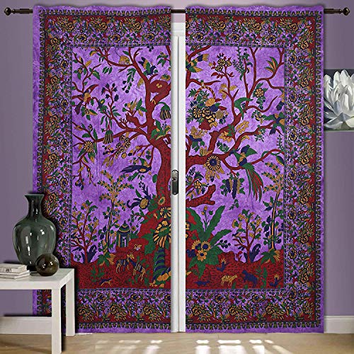 Purple Tree of Life Indian Mandala Window Door Curtains Decor Wall Hanging Room Window Curtains Wall Panels Boho Cotton Tapestry Psychedelic Wall Drapes Window Treatments Set - color: Purple, size: 52"W x 82"L (Pack of 1)