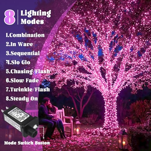 66FT 200 LED Outdoor String Lights, Plug in Connectable Christmas Lights Indoor, Waterproof 8 Modes Twinkle Fairy Lights Clear Wire for Bedroom Home Wedding Patio Patry Decorations, Pink - color: Pink, size: 66ft 200LED