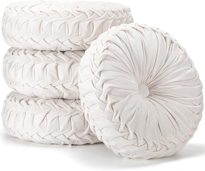 4 Pcs Round Throw Pillows 15 Inch Decorative Velvet Pleated Pumpkin Pillows Boho Floor Pillow with Center Button for Living Room Couch Chair Bed Sofa Home Decoration (Ivory)