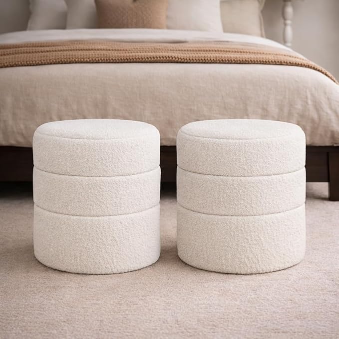 Spatial Order Upholstered Round Ottoman (No Lid, Seat Only) | Spatial Order Home Décor | Foot Rest Pouf – Cream Boucle
