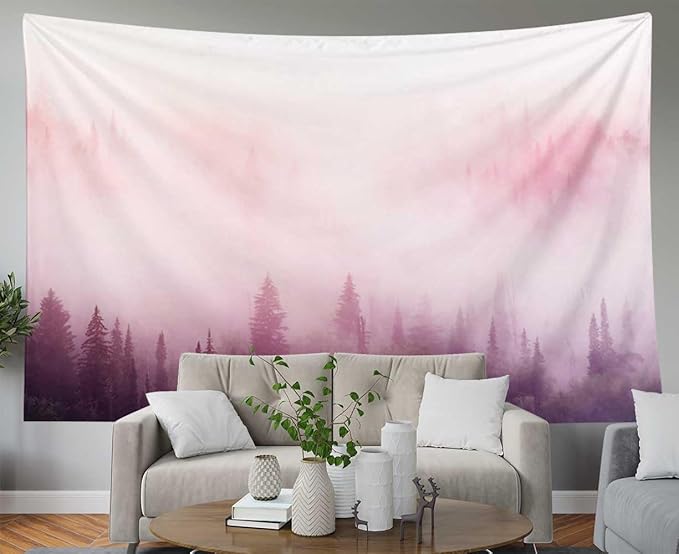 EMMTEEY Misty Forest in Pink Mist at Sunup Wall Tapestry - 60X40 Hanging Wall Art for Bedroom Living Room