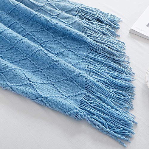 BOURINA Blue Throw Blanket 50 x90 Inches Throw Textured Solid Soft Sofa Throw Bed Runner Couch Cover Knitted Decorative Blanket Bed Runner - color: Blue, size: 50"x90"