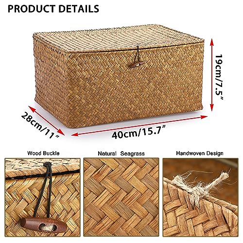 Hipiwe Wicker Shelf Baskets Bin with Lid, Handwoven Seagrass Basket Storage Bins Rectangular Household Basket Boxes for Shelf Wardrobe Home Organizer, Caramel X-Large - color: Caramel, size: X-Large