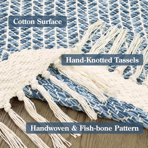 Lahome Belle Boho Laundry Room Rug Runner, 2x4.3 Bathroom Runner Rug Lightweight Kitchen Rugs Woven Cotton Throw Mat with Tassels, Farmhouse Washable Blue Rugs Low Pile for Bedroom Door Mat - color: Blue/Multi, size: 2' x 4'3" (Runner)