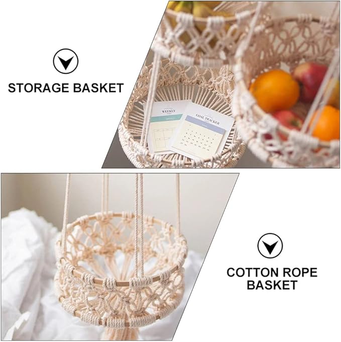 Alipis Macrame Plant Hanger Macrame Hanging Fruit Basket 2 Tier Woven Cotton Rope Storage Baskets Hanging Plant Holder for Vegetable Storage