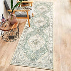 MUJOO Hallway Runner Rug 2'x8' Green Long Rug Runners Boho Machine Washable Non Slip Carpet for Entryway Kitchen Bathroom Bedside Retro Soft Low-Pile Blossom - color: Green, size: 2' x 8' (Rectangular)
