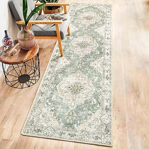MUJOO Hallway Runner Rug 2'x8' Green Long Rug Runners Boho Machine Washable Non Slip Carpet for Entryway Kitchen Bathroom Bedside Retro Soft Low-Pile Blossom - color: Green, size: 2' x 8' (Rectangular)