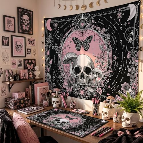 Haibimen Skull Tapestry Pink Gothic Mushroom Butterfly Moon Tapestry for Bedroom Witchy Skeleton Floral Mystic Tapestries Wall Hanging for Living Room, Bedroom, Dorm (Black 5, 60''×44'') - color: Black 5, size: 60''×44''