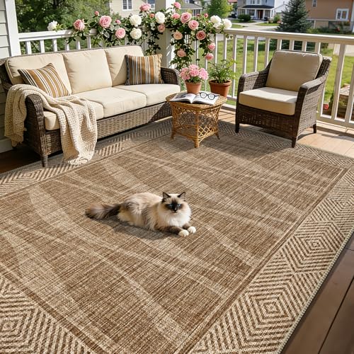 Easy Jute Rug 8x10 Outdoor Patio Rug with Border, Washable Farmhouse Non Slip Living Room Rug with Rubber Backing Indoor Outdoor, Non Shedding Carpet for Bedroom, Courtyard, Light Brown - color: Light Brown, size: 8'x10'