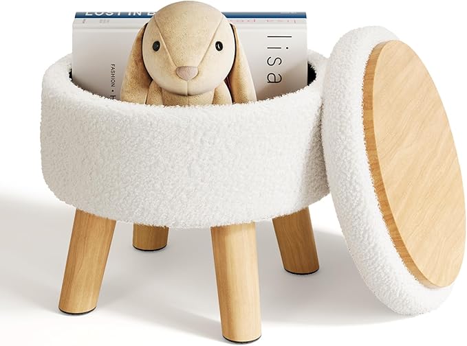 Small Ottoman Footrest, White Boucle Foot Stool, Round Pouf Ottoman with Storage, Teddy Velvet Foot Rest for Couch, Living Room, Nursery, Small Coffee Table Ottomans Stool