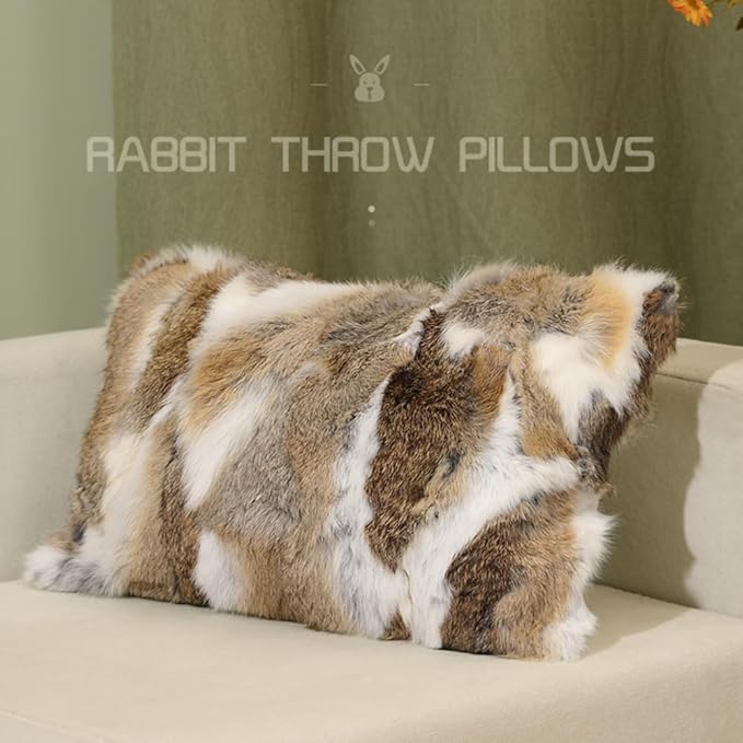 MOOX Rabbit Fur Throw Pillow Covers Decorative Fluffy Soft Fuzzy Plush Luxury Genuine Animal Skin Lumbar Pillow 12"x20" Cushion Cover(Yellow-White, 12x20inch)