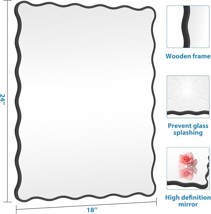 Black Wavy Mirror Whit Wood Frame, 18" x 24" Small Rectangle Boho Mirror for Nursery Wall Decor, Bathroom Vanity, Bedroom, Living Room, Entryway