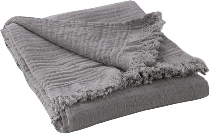 Simple&Opulence Cotton Muslin Throw Blanket for Bed, Couch, Knit Woven Gauze Blanket with Tassels, Soft Lightweight Cozy Pre-Washed Breathable Farmhouse Decoration for All-Season (Grey)