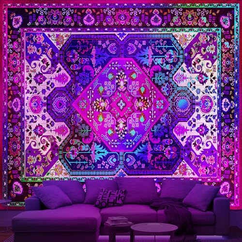 Apdidl Blackligt Boho Hippie Wall Tapestry for Bedroom Aesthetic, Glow in The Dark Neon Indian Bohemian Mandala Tapestries, UV Reactive Purple Floral Blanket Vertical Wall Hanging for Living Room 60" X 79" - color: Blacklight Boho tapestry, size: 79"L x 6