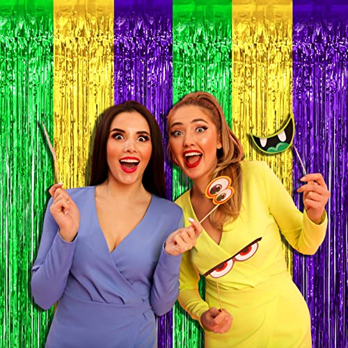 4 Pack Mardi Gras Foil Fringe Curtain Backdrop, 3.28Ft x 8.2Ft Gold Green Purple Metallic Tinsel Foil Fringe Streamers Curtains for Photo Booth, Wedding, Birthday, Carnival Party Decoration - color: Green,Purple