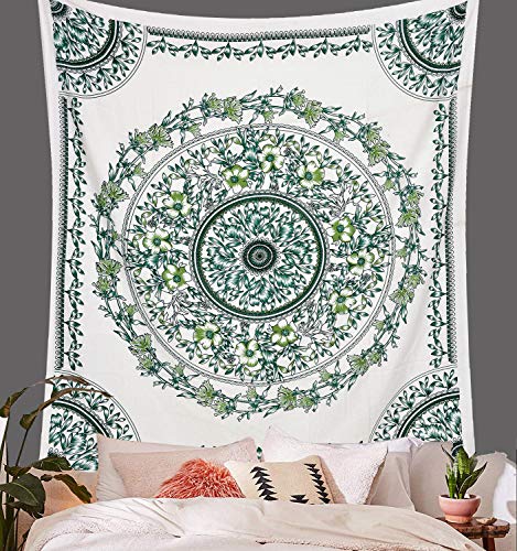ANJANIYA Floral Wall Hanging Boho Tapestry, Mandala Dorm Décor Tapestry for Room, Beach, Wall, Psychedelic Hippie Wall Hanging Décor and Beach Coverlet Curtain (Green White, 54"X60") - color: Green White, size: 60"L x 54"W