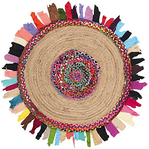 SAFAVIEH Cape Cod Collection 3' Round Multi / Natural CAP701P Handmade Boho Fringe Jute & Cotton Area Rug - color: Multi/Natural, size: 3' (Round)