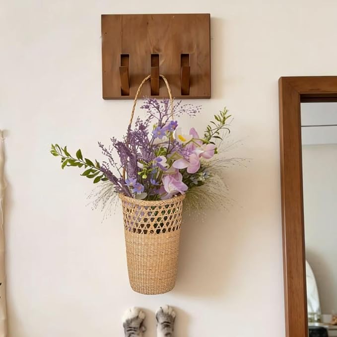GYASVWU Straw Woven Hanging Basket, Rustic Flower Girl Baskets, Front Door Basket for Flowers,Wicker Flower Baskets for Home Decor, Wedding, Garden, Farmhouse, Gift