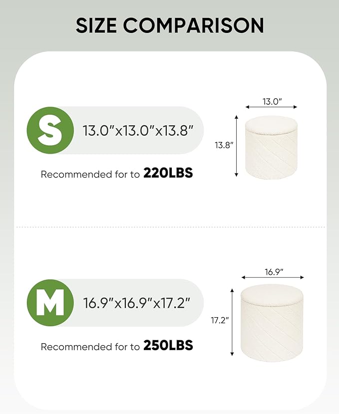 B FSOBEIIALEO Ottoman with Stroage, Boucle Round Storage Ottoman with Tray, Foot Rest Stool for Dorm Room, Living Room White, 16.93"x16.93"x17.72"