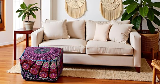 CRAFT KALA Indian Square Patchwork Traditional Pouf Cover Indian Living Room Poufs Cover Decorative Designer Ottoman Home Living Footstool Chair Cover Ottoman Decor 16X16X14 inches, Pink Mirchi