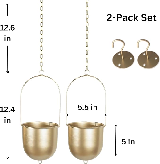 Shineloha 2 Pack Metal Hanging Planters for Indoor Outdoor, with 5.5 Pot, Gold Hanging Planters | Gold Plant Hanger, Brass Plant Hangers. NO Plant incld.