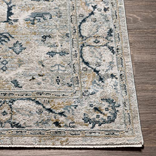 Hauteloom Claridge Living Room, Bedroom Area Rug - Medallion Floral Distressed Border Abstract - Traditional Oriental Transitional Turkish Farmhouse - Teal, Medium Gray, Beige, Gray, Blue - 2' x 2'11" - color: Teal, Medium Gray, Beige / Bushnella, size: 1