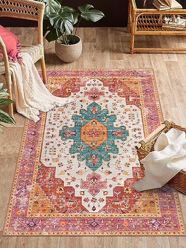 Moynesa Ultra-Thin Washable Vintage Area Rug - 3x5 Boho Girls Bedroom Non-Slip Non-Shedding Oriental Medallion Living Room Mat Indoor Carpet for Office Nursery Room, Pink/Teal/Multi - color: Pink/Multi, size: 3' x 5'