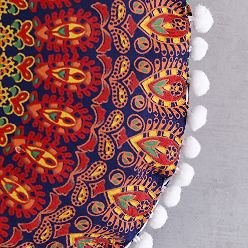 Popular Handicrafts Large Cotton Hippie Floor Pillow Cover - Peacock Decorative Cushion Cover with Pom Poms Soft Particles - Pouf Cover Round Bohemian Yoga Decor Floor Cushion Case- 18" Blue Yellow - color: Blue Yellow, size: 18" x 18" (Pack of 1)