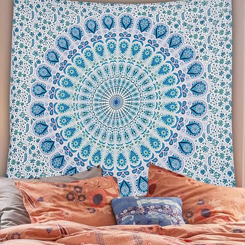 FURNISHFUL FINESSE Handmade Cotton Peacock Mandala Tapestry - Serene Sky Blue & White Ombre Boho Wall Decor, Bohemian Hippie Room Hanging for Bedroom & Dorm Aesthetic- 54x84 Inches - color: Sky Blue, size: 84"L x 54"W