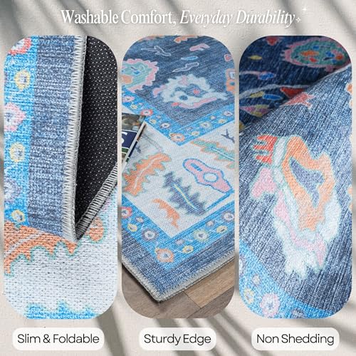 Fame Rugs Blue Modern Oushak Rug 2x3, Vintage Doormat Turkish Colorful Oriental Antique Inspired Washable Small Area Rug, Luxury Living Room Bedroom (387BNB, 2' x 3') - color: 387bnb, size: 2' x 3' (Doormat)