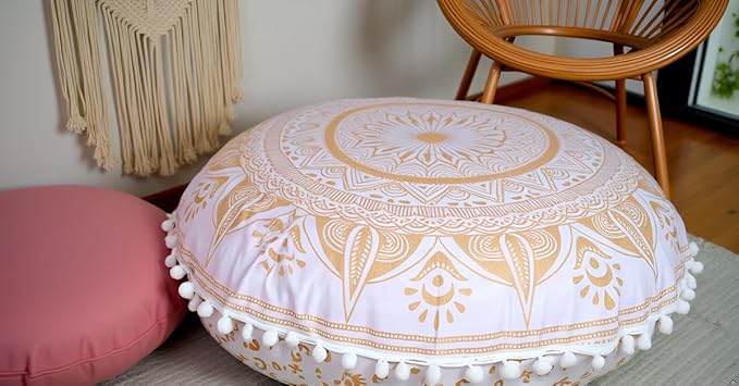 Round Mandala Floor Pillow Cover Seating Cushion Throw Cover Hippie Decorative Bohemian Ottoman Pouf Cover, Pom Pom Pillow Cases,Boho Indian 22 Inches (Gold trishol)