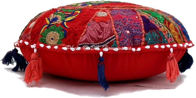 Indian Ethnic Floor Cushion for Kids Bohemian Red 18 Inch Patchwork Meditation Ottoman Stool Home Decor Embroidered Vintage Cotton Round Floor Pillow Adult 18x18