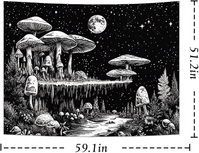 Yuiqear Black and White Mushroom Tapestry Fantasy Plant Floral Tapestries Moon Star Tapestries Starry Sky Tapestry Wall Hanging for Bedroom Decor