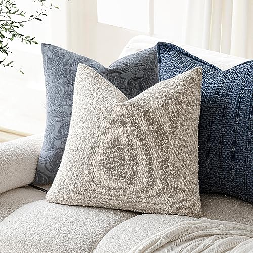 Foindtower Set of 2, Decorative Textured Boucle Throw Pillow Covers Accent Solid Pillow Cases Neutral Cozy Couch Cushion Case for Chair Sofa Bedroom Living Room Home Decor 16 x 16 Inch Ivory Beige - color: Beige, size: 16" x 16" (Pack of 2)