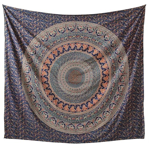 Popular Handicrafts Tapestry Wall Hanging Hippie Mandala Bohemian Hippy Psychedelic Design Indian Magical Thinking Tapestries Bedspread 84x90 Inches,(215x230cm) Navy Blue - size: 90"L x 84"W