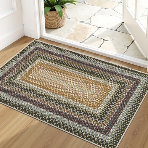 Ileading Faux Braided Indoor Door Mat 2'x3' Washable Farmhouse, No-Shed Non-Slip Woven Carpet, Pet Friendly Stain Resistant Jute Style Rug for Entryway Kitchen Laundry Room - color: Multi Color-yellow, size: 2' x 3'(Rectangular)