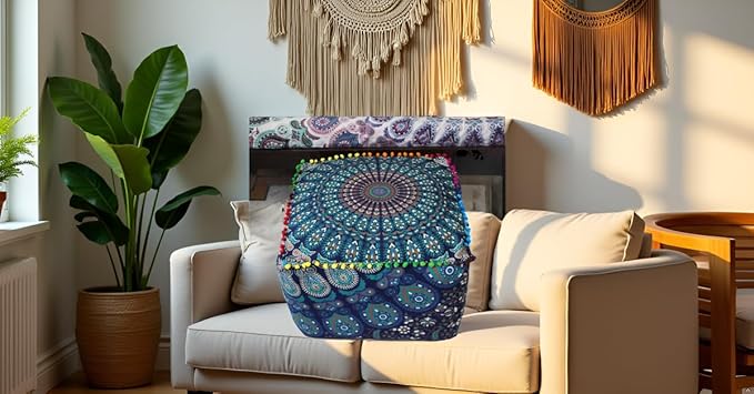CRAFT KALA Indian Square Patchwork Traditional Pouf Cover Indian Living Room Pom Poufs Cover Decorative Designer Ottoman Home Living Footstool Chair Cover Ottoman Decor 18X18X14 inches, Blue Mirchi