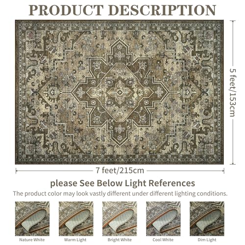 Foxmas 5x7 Area Rugs for Living Room Bedroom, Machine Washable Non-Slip Vintage Rug, Low Pile Throw Rugs with Rubber Backing Washable Carpet for Dining Room Kitchen Home Decor, Brown - color: Brown, size: 5' X 7' (Rectangular)