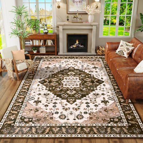 Amearea Vintage Design Area Rugs for Living Room, 4x6 Machine Washable Floral Collection Traditional Bedroom Rug, Low Pile Cute Kids Room Print Carpet, No Slip Office Kitchen Home Decor, Brown - color: Brown, size: 4' X 6' (Rectangular)