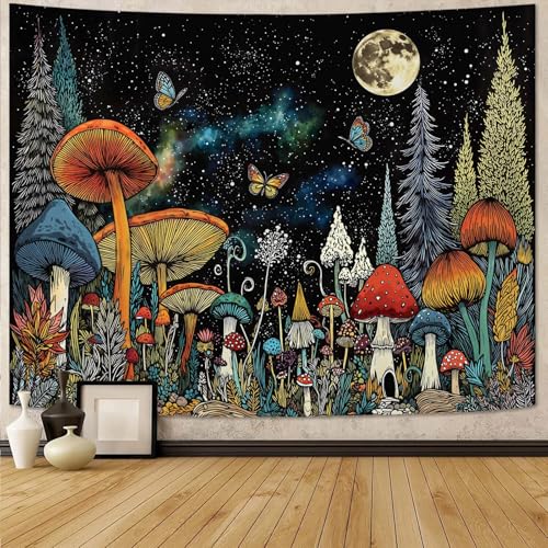 Accnicc Hippie Mushroom Forest Tapestry Fantasy Starry Night Moon Pine Tree Wall Tapestry for Bedroom Aesthetic Butterfly Small Tapestries Wall Hanging for Dorm Living Room Decor 48 × 36 Inch - color: Black Cyan, size: 48"L x 36"W