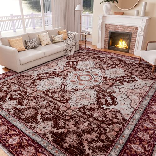 AMTOVO 8x10 Area Rugs for Living Room, Large Non-Slip Washable Rug, Boho Vintage Retro Medallion Print Pattern Carpet for Bedroom Dining Room Home Office Nursery Dorm Farmhouse, Vintage Red - color: Vintage Red, size: 8' x 10' (Rectangular)
