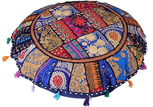 Indian Handmade Patchwork Codework Round Pouf Cover Ottoman Floor Pillow Cushion Seating Throw Decorative Pom Pom Pillow Cases Boho 32 Inches Royal Blue BFPC0105 - color: Royal Blue