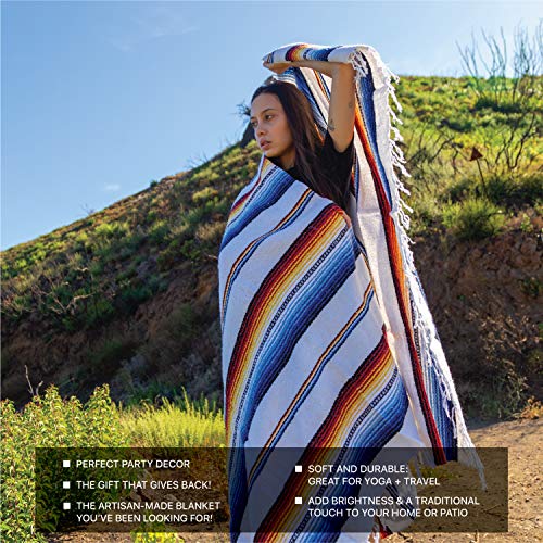 Benevolence LA Authentic Handwoven Mexican Blanket - Yoga & Outdoor, Saddle, Beach, Picnic & Car Blanket - 75 x 52 - Blanco - color: Blanco