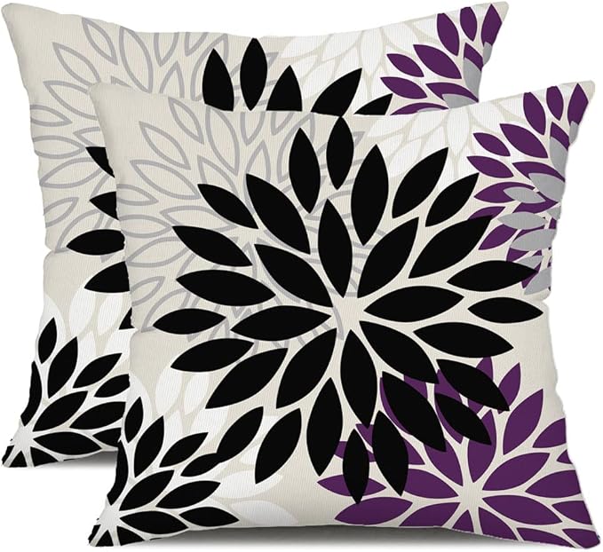 DFXSZ Black Purple Flower Pillow Covers 20x20 Inch Set of 2 Outdoor Throw Pillows Outdoor Waterproof Decor for Living Room Sofa Patio Funiture Garden Floral Polyester Pillow Covers 002Q20