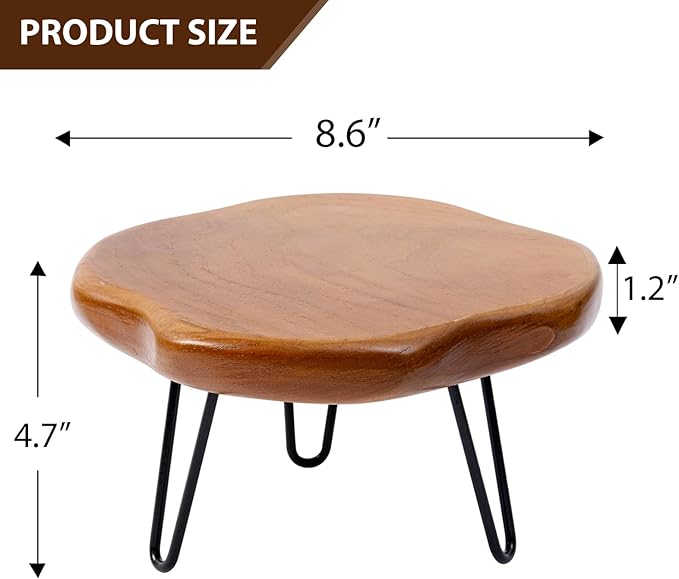 8.7" Live Edge Teak Wood Plant Stand with 3 Metal Legs – Versatile Wooden Display Stand, Pedestal Stand for Garden/Kitchen/Bathroom