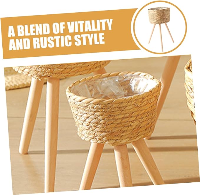 Wooden Woven Plant Stand with Legs Minimalist Rattan Planter Pot Holder for Indoor Succulent Display Durable Flower Basket for Living Room and Balcony