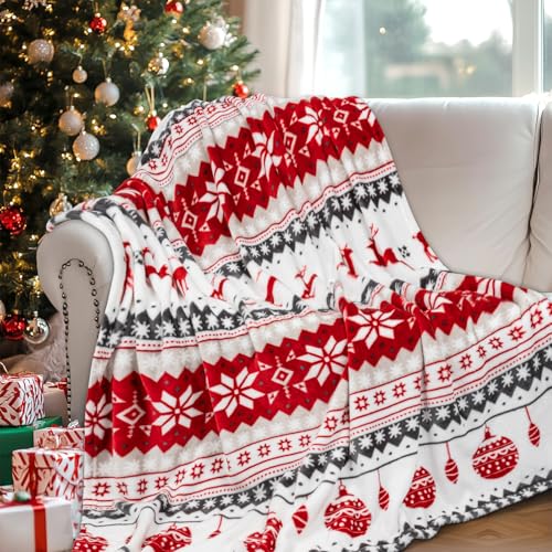 MACEVIA Christmas Throw Blanket for Couch, Holiday Christmas Reindeer Snowflakes Flannel Fleece Blanket, Soft, Cozy, Plush, Warm Winter Cabin Throw Decor, (Red Reindeer, 50x60inches) - color: Red Reindeer, size: Flannel Fleece (50x60 IN)